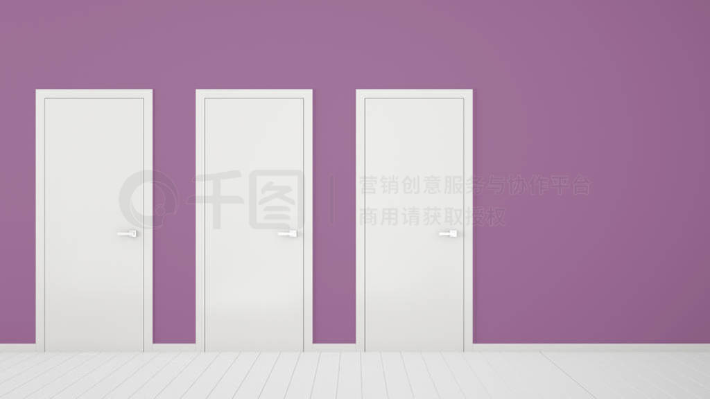 Empty purple room interior design with closed doors with frame,