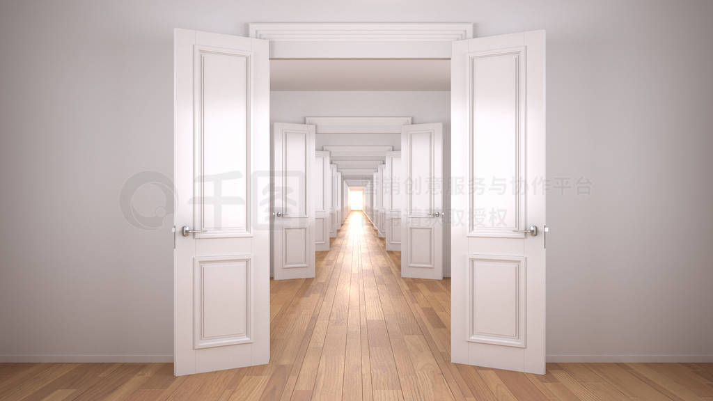 Empty white architectural interior with infinite open doors, end