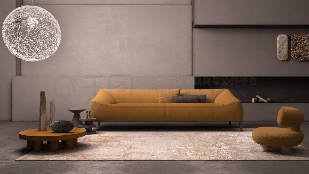 Elegant grunge living room with plaster walls and floor, firepla