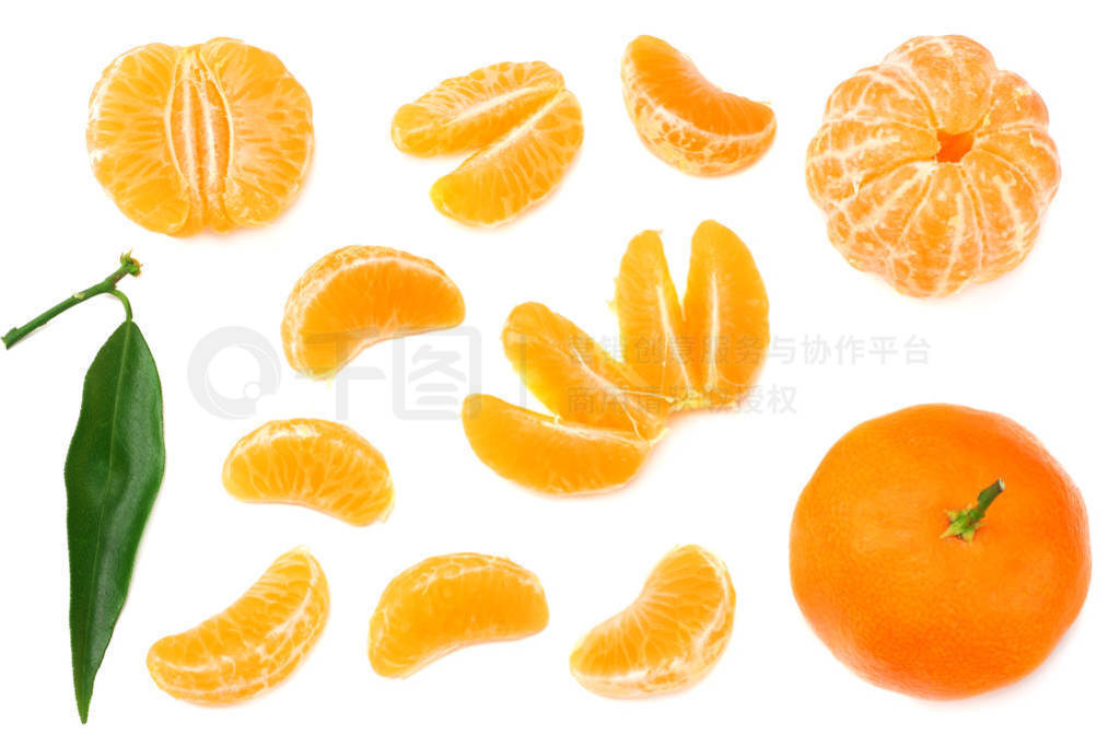 mandarin with slices and green leaf isolated on white background