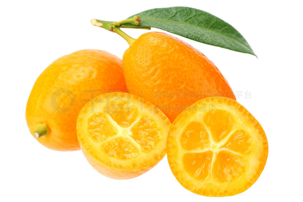 Cumquat or kumquat with slices and leaves isolated on white back