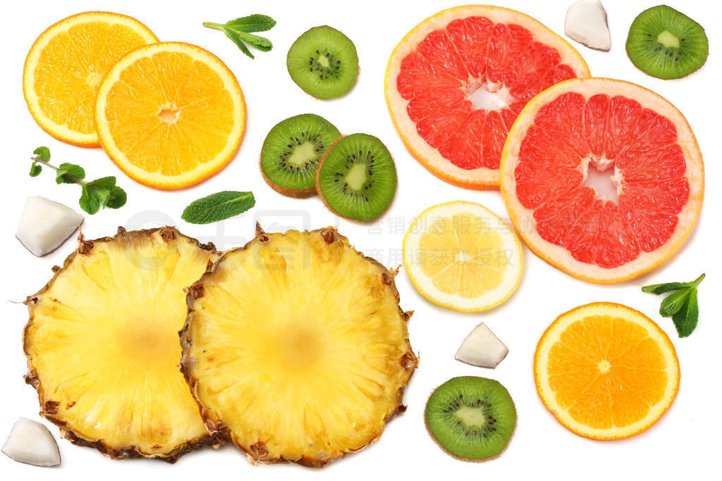 slices of grapefruit, kiwi fruit, orange and pineapple isolated