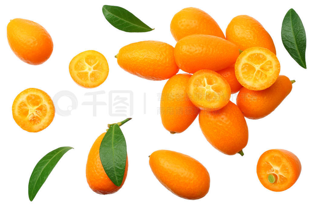 Cumquat or kumquat with leaves isolated on white background. top