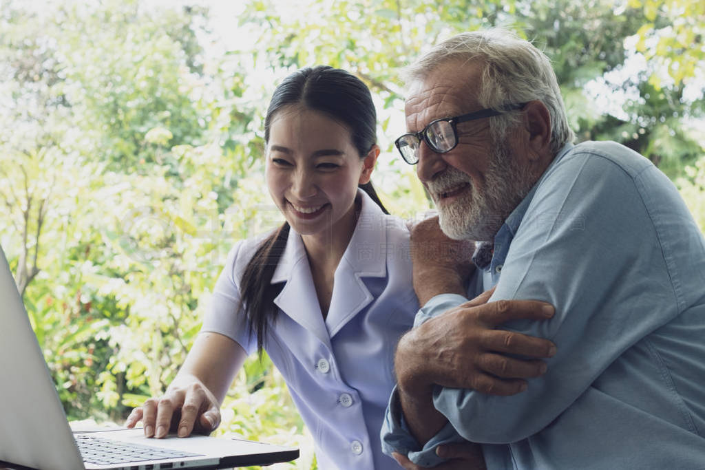 senior man and nurse, teaching and using laptop at balcony near