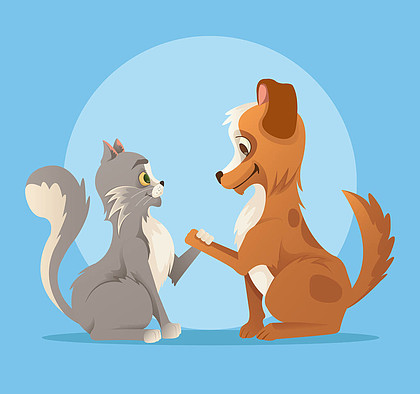 猫和狗的字符最好朋友微笑和握手矢量平面卡通插画