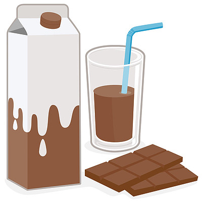 一个牛奶纸箱的矢量插图,一杯巧克力口味的可可牛奶和一块巧克力在