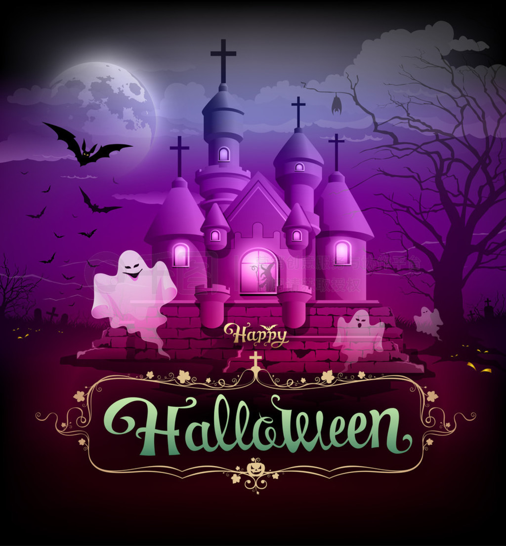 Happy halloween slottet klassisk design p? violett bakgrund