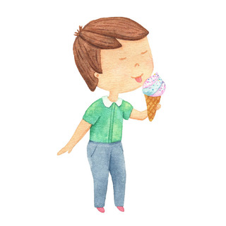吃冰淇淋的男孩水彩插图