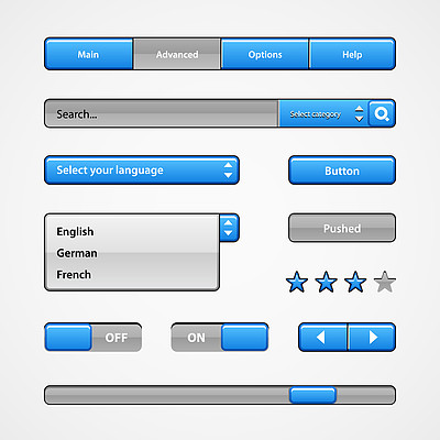 web 元素.網站, 軟件 ui: 按鈕, 切換器, 滑塊, 箭頭,下拉