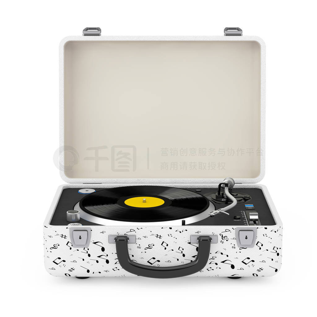 Portable Vintage Style Music Player Turntable in White Case. 3d