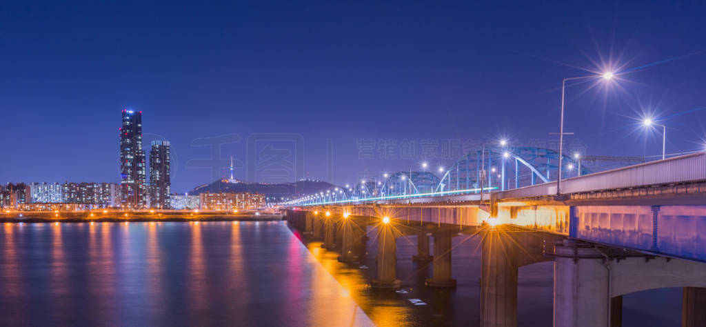 Korea landmark and bridge and Han river,n seoul tower at night,