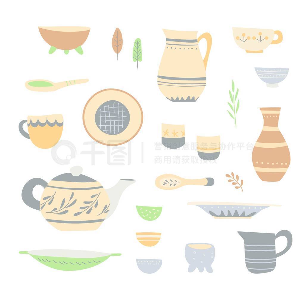 Set of handicraft dishes: bowls, cups, jugs, a teapot and etc.