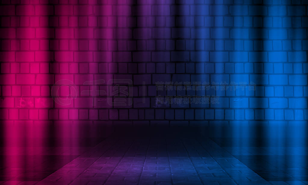 Empty scene background. Brick wall with multicolored neon lights