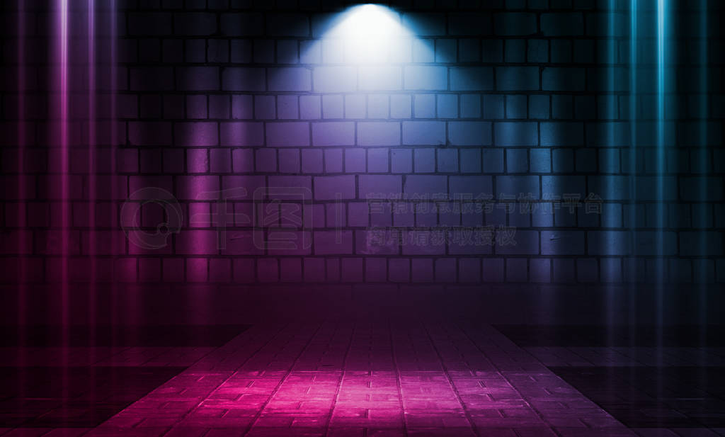 Empty scene background. Brick wall with multicolored neon lights