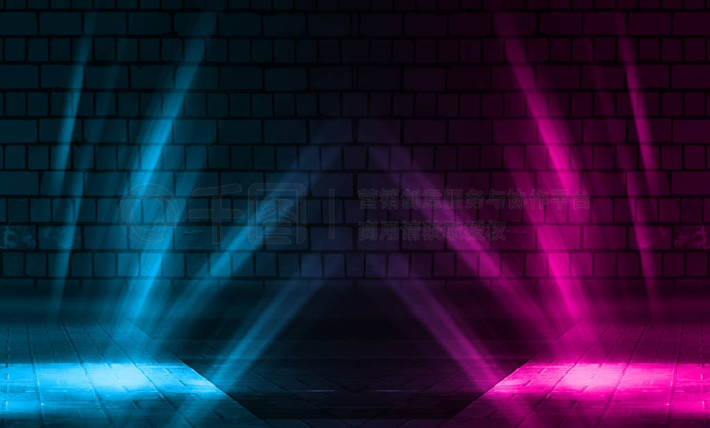 Empty scene background. Brick wall with multicolored neon lights