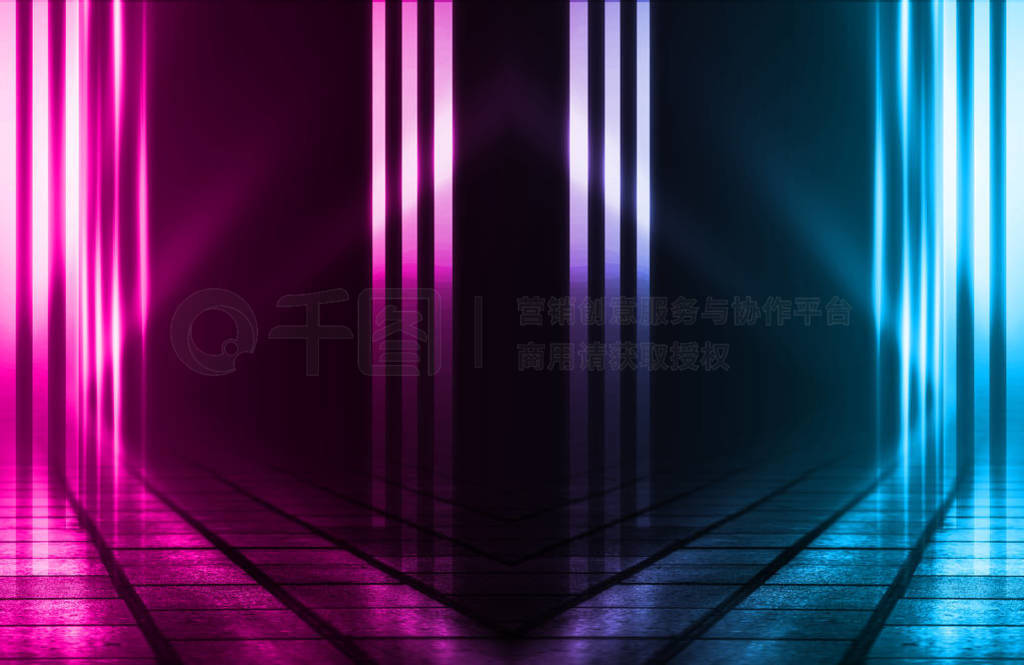 Empty background scene. Dark street, reflection of blue and pink