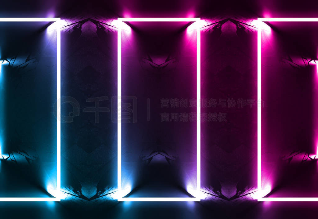 Empty background scene. Dark room, neon blue and pink figures in