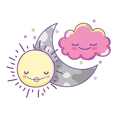 云彩和月亮带着太阳微笑可爱的卡通矢量插图图形设计