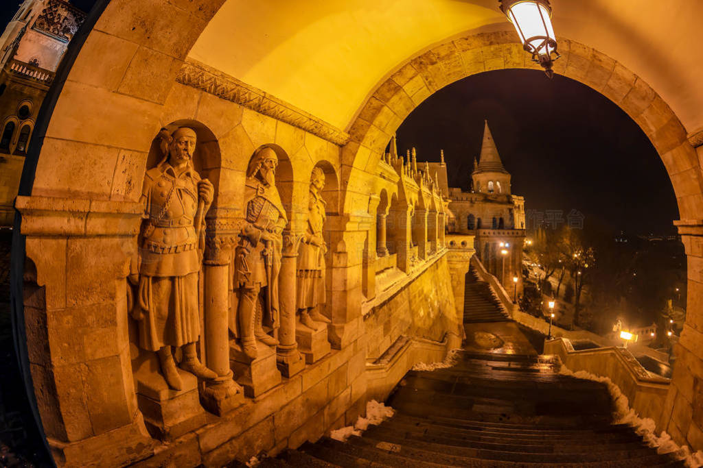 s Bastion in Budapest - Hungary on winter night. It was designed