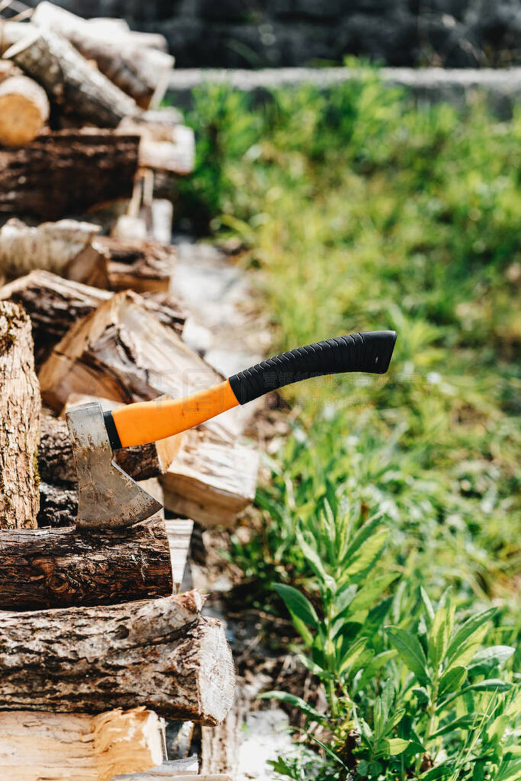 Axe for the crib logs sticks stuck in a tree