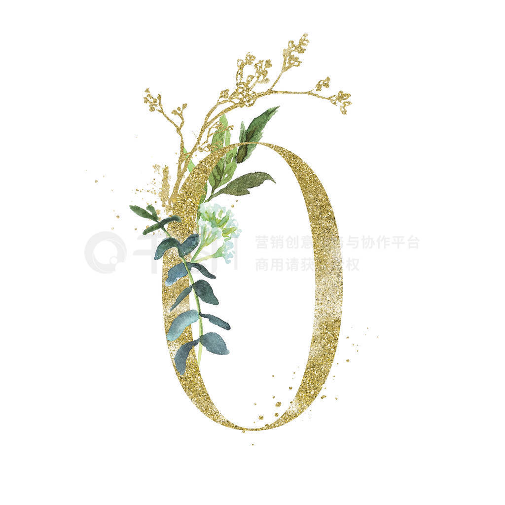 Gold Floral Numbers - digit 0 with green botanic branch bouquet
