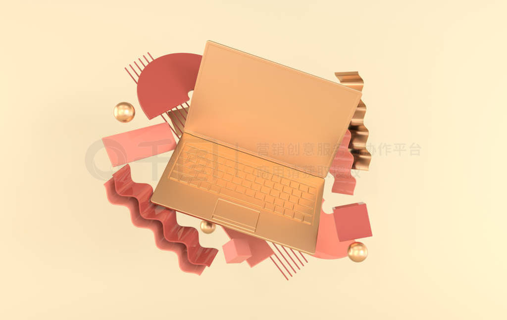 Laptop and different geometric objects mockup background