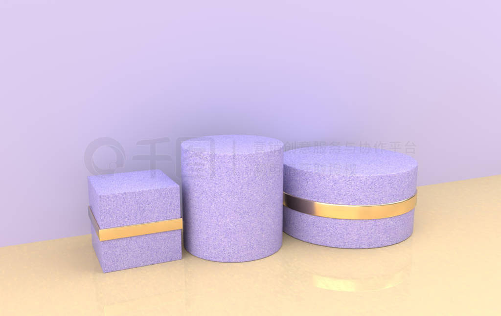 3d rendered gold and pastel purple geometric shapes, podium