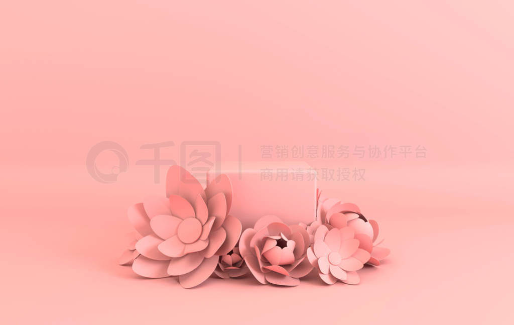 Paper flowers frame, podium platform for product presentation.