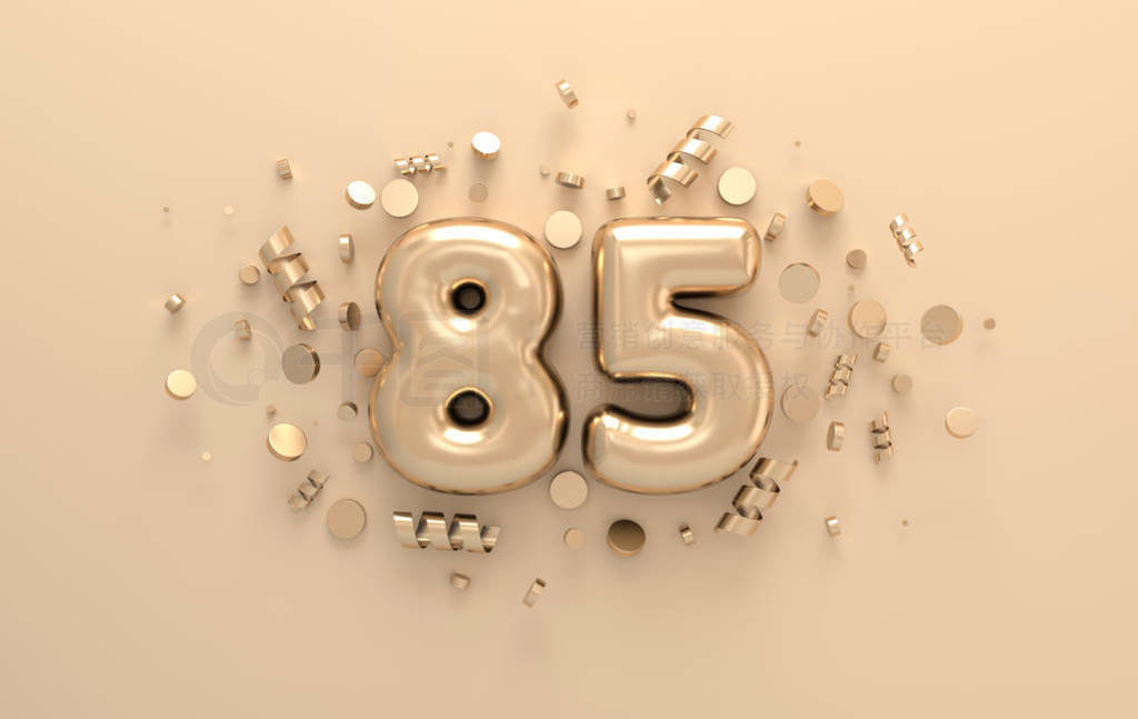 Golden 3d number 85 with festive confetti and spiral ribbons.