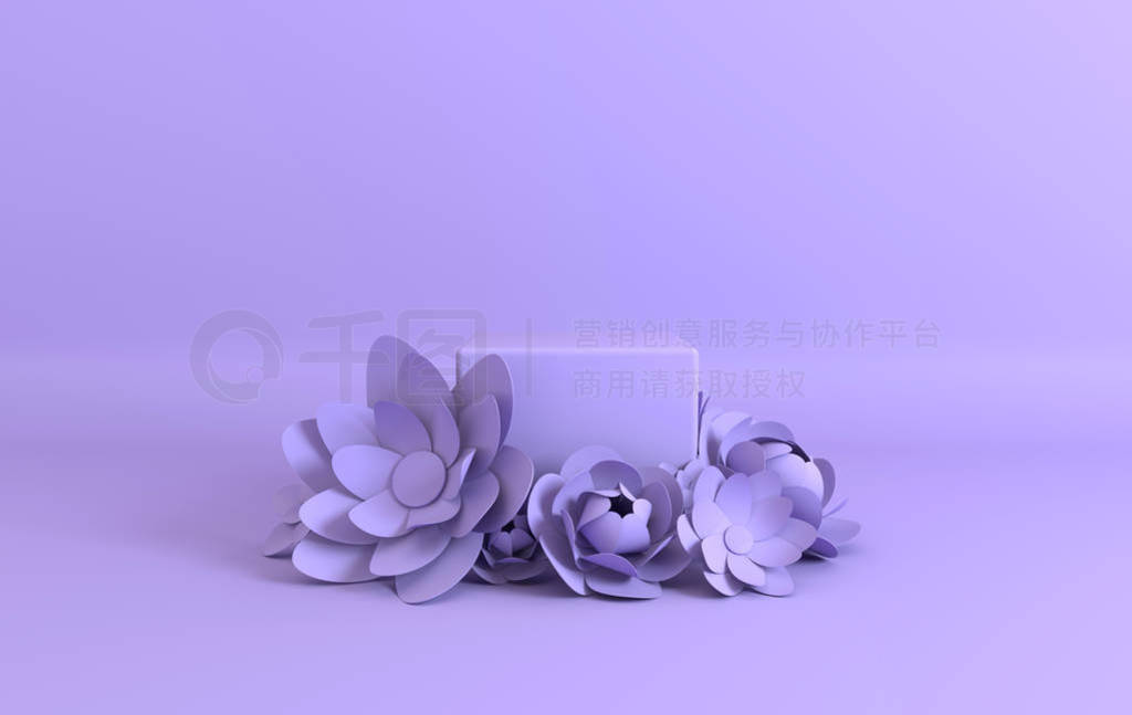 Paper flowers frame, podium platform for product presentation.