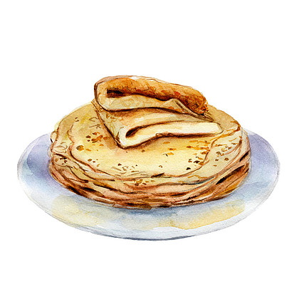白色背景,手绘风格水彩插图上孤立的煎饼