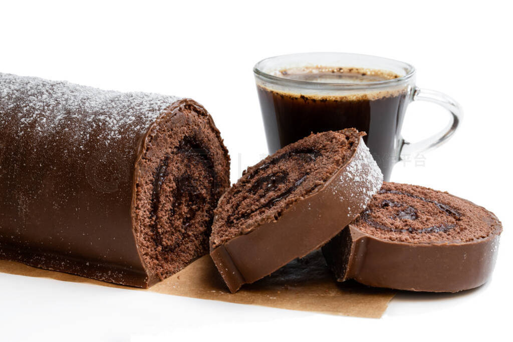 Chocolate yule log christmas cake with cup of coffee isolated on