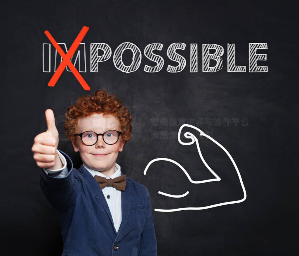 Everything is possible. Smart kid showing thumb up against text