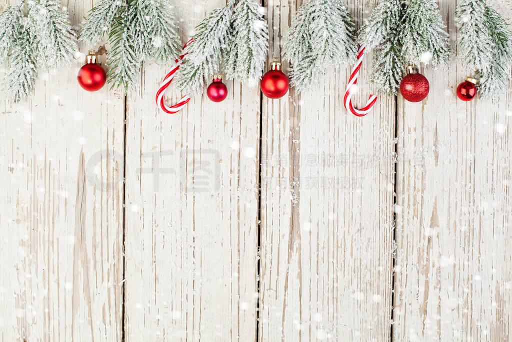 Merry Christmas background. Xmas decor with green fir and snow
