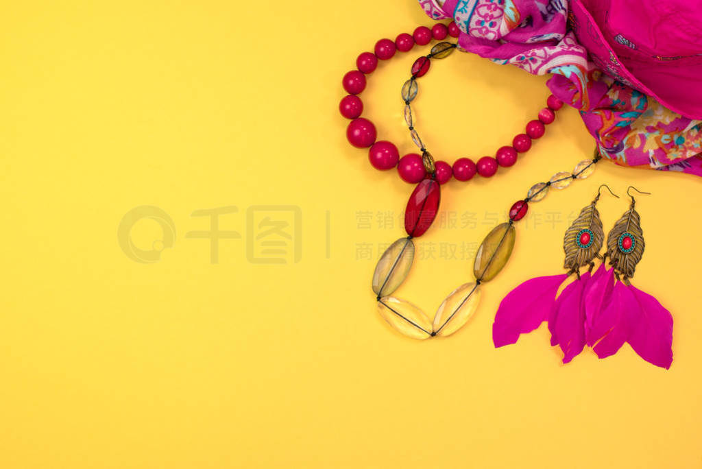 s accessories Flat lay on yellow background. Top view copy space