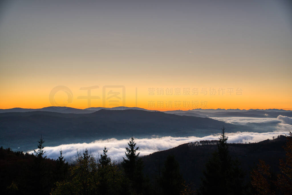 sunrise over mountains with fog in valley , javorovy vrch , czec