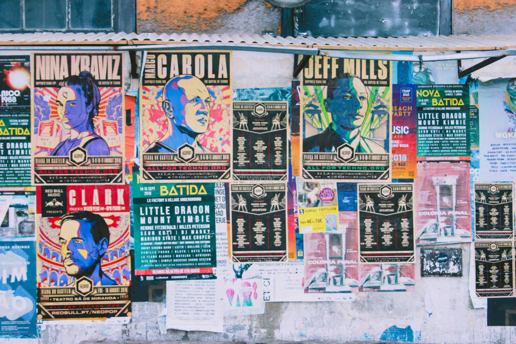 Colorful oldfashioned music posters on the wall