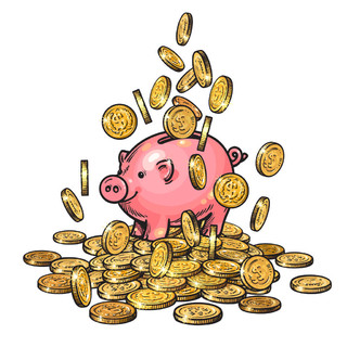 卡通小猪银行在一大笔钱的硬币下跌2019中国新的是符号手绘向量