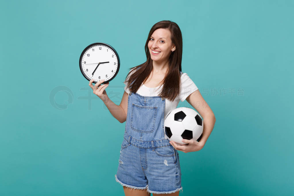 Pretty young woman football fan cheer up, support favorite team