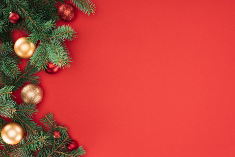 平躺在松树树枝与红色和金色的圣诞球查出的红色