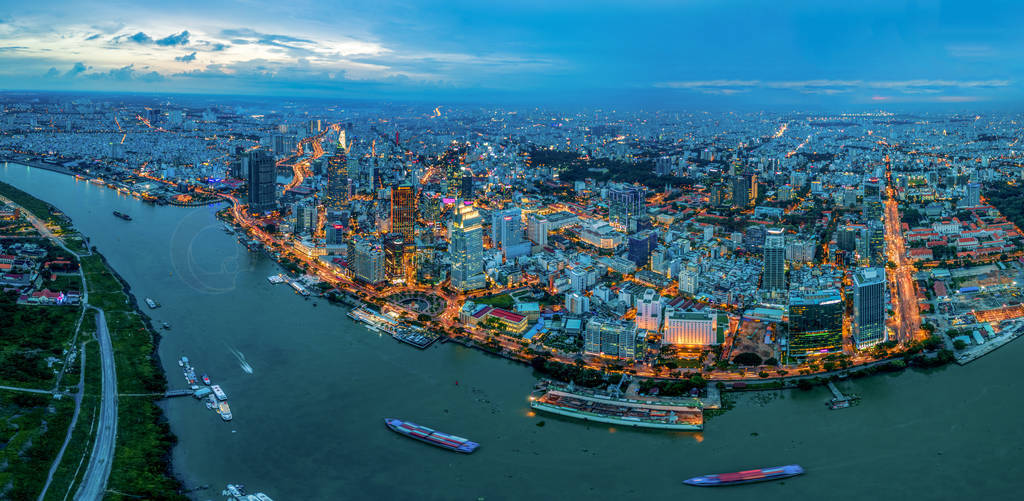 Panorama view of night cityscape in Ho Chi Minh city