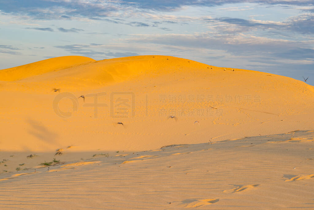 Golden sand dune and cloudy sky at sunset