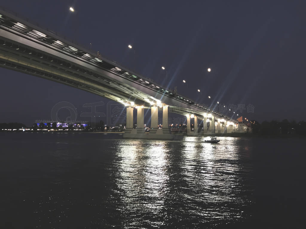 Big concrete bridge under Don river in the night. Rostov am Don