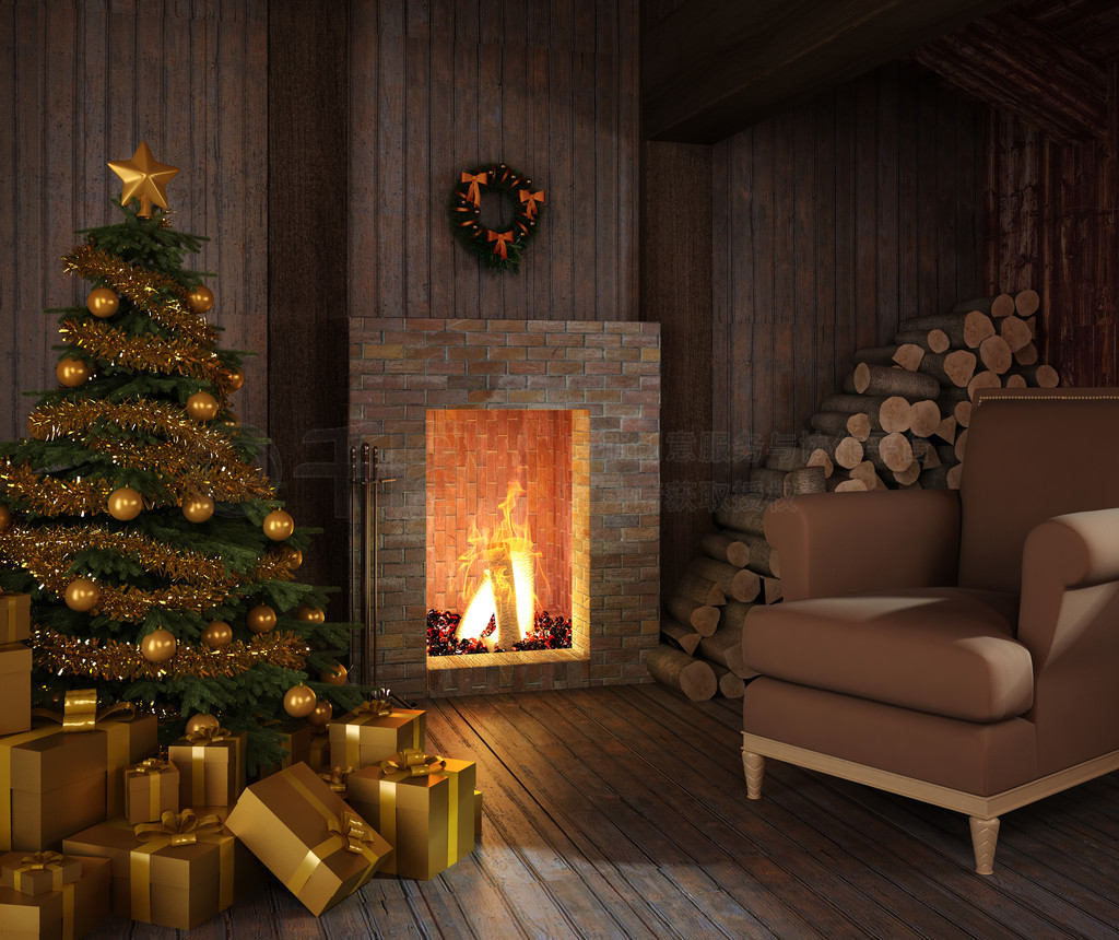 Rustic hut??s fireplace at christmas