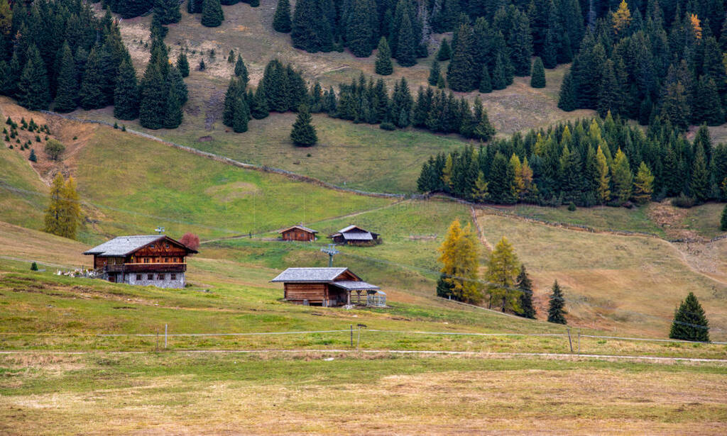 Mountain wooden lodge at the famous Alpe di Siusi valley on the