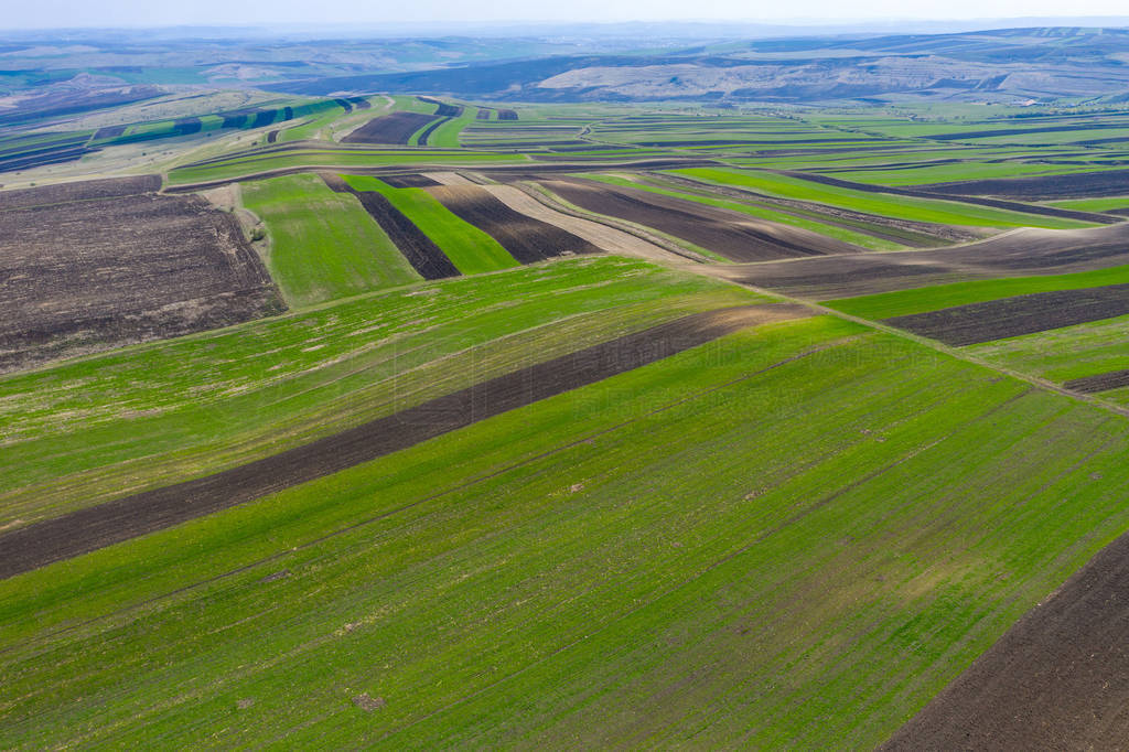 Aerial drone view of agricultural fields of plowed crops