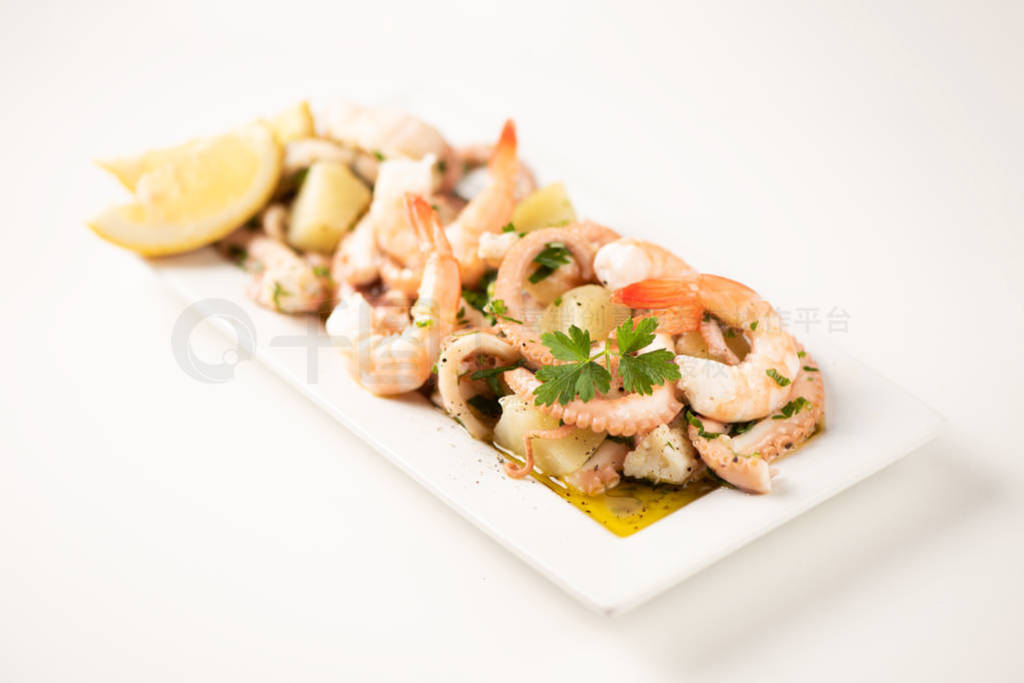 Seafood salad on white background