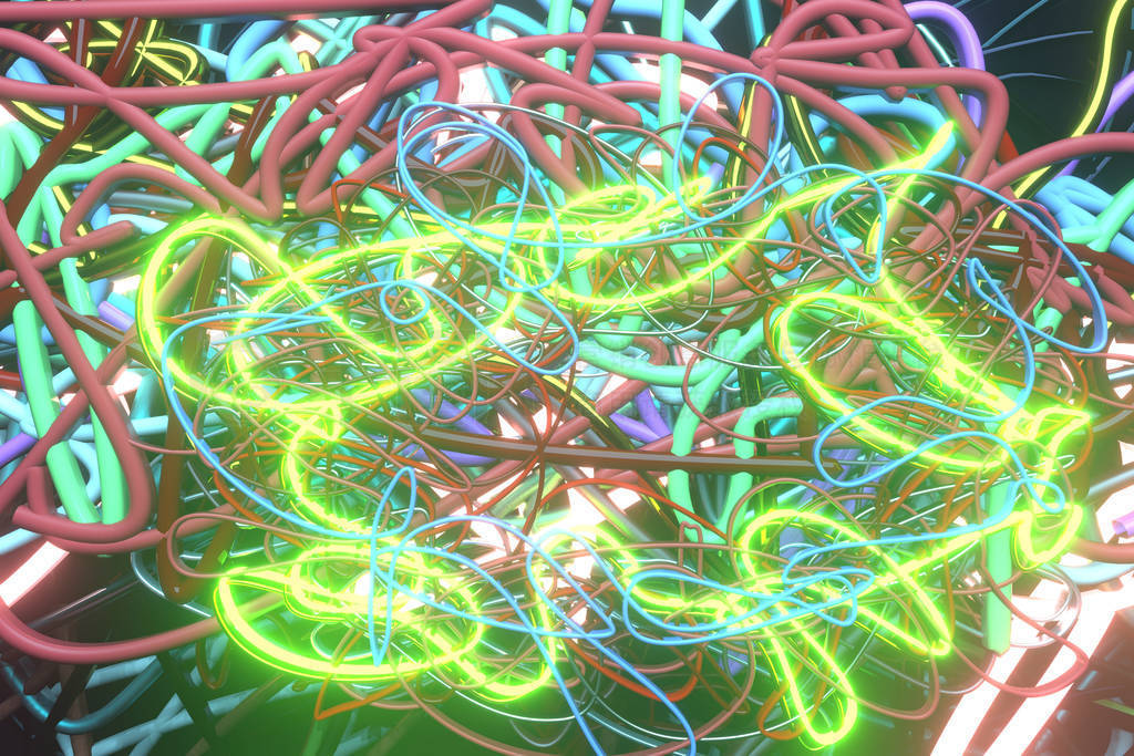 Background abstract, messy colorful string neon grow lights for