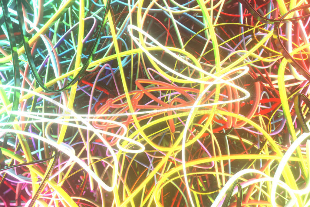 Abstract, messy colorful string neon grow lights. Wallpaper for