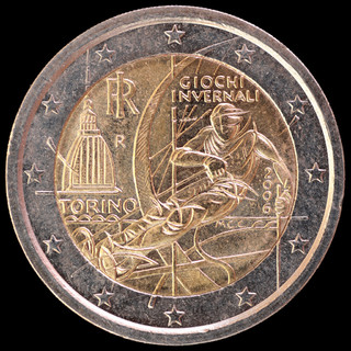 在 2006 年庆祝都灵奥林匹克冬季运动会由意大利发行的纪念两欧元硬币